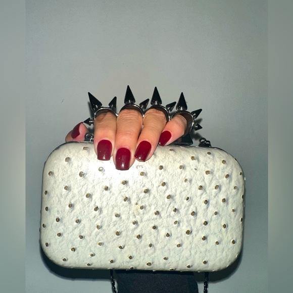 Small Off-White Hard Shell Clutch with Gunmetal Spike Brass-Knuckle Handle - Picture 1 of 6